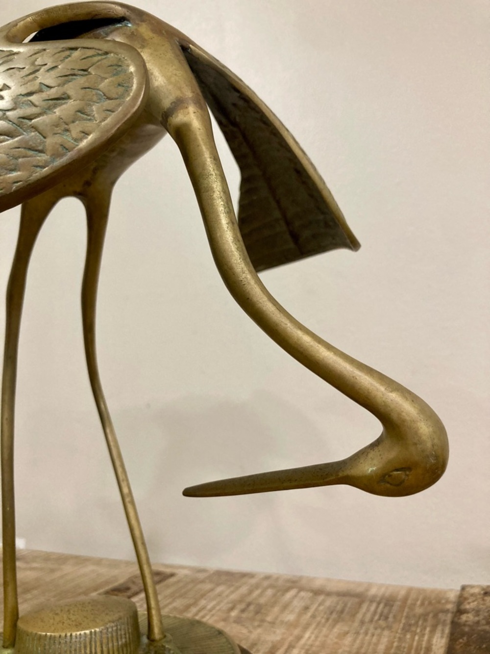 Vintage Crane Sculpture on Wood Base Mid Century Modern Decor 11.5” Brass Color - Picture 13 of 16